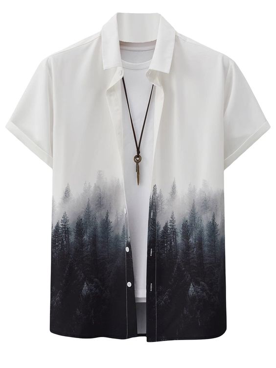 SHENHE Men's Graphic Tree Print Button Up Short Sleeve Ombre Collar Shirt Tops